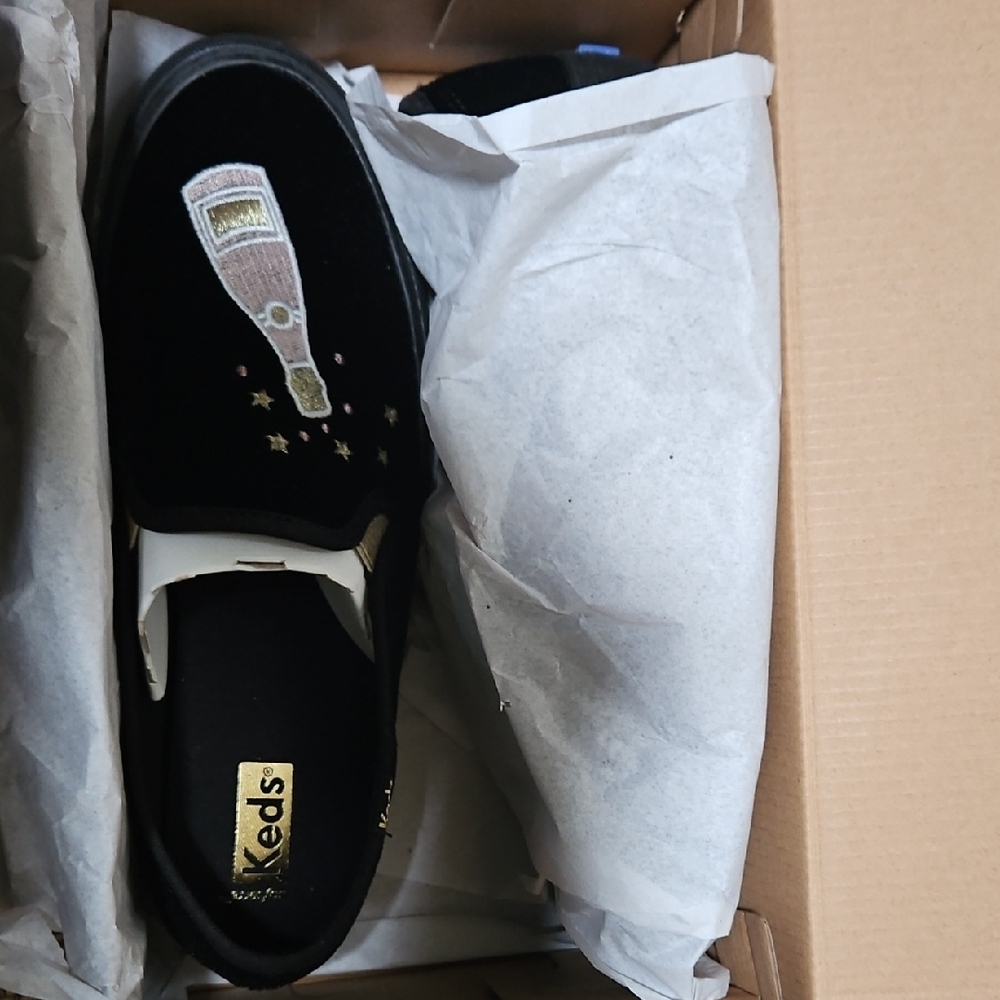 Keds Black Slip-On Shoes with Champagne Bottle And Glasses Embroidery.